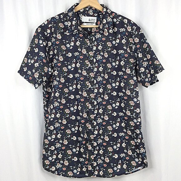 Bowery & Broome Floral Short Sleeve Button Down Shirt Mens Size Large Navy Blue - Picture 1 of 4